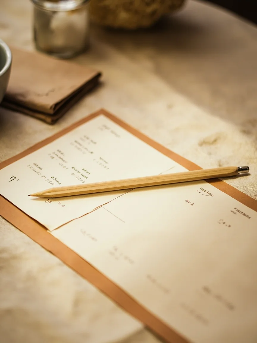 Editorial portrait of a cream paper voucher resting on a linen surface with a simple terracotta paper border, a wooden pen resting across the voucher.