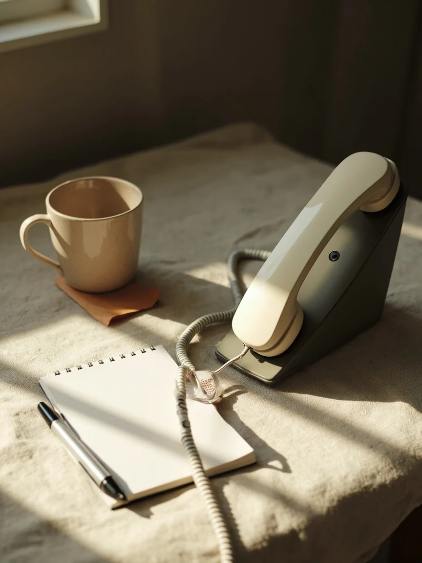 Editorial portrait of a quiet support desk with a modern telephone-style handset, a small notepad, a fountain pen and a ceramic mug on a linen surface.